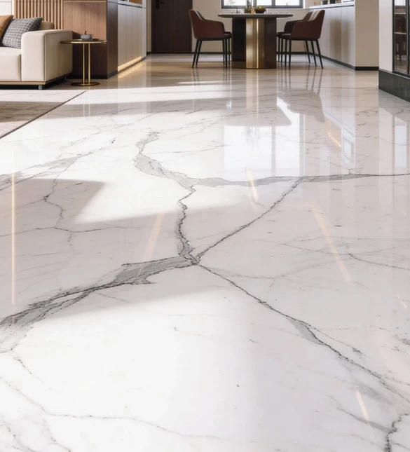 Italian marble slabs laid out for vein matching before installation